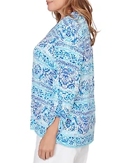 Ruby Rd. Plus Size Slub Knit Woodblock V-Neck 3/4 Roll-Tab Sleeve Top