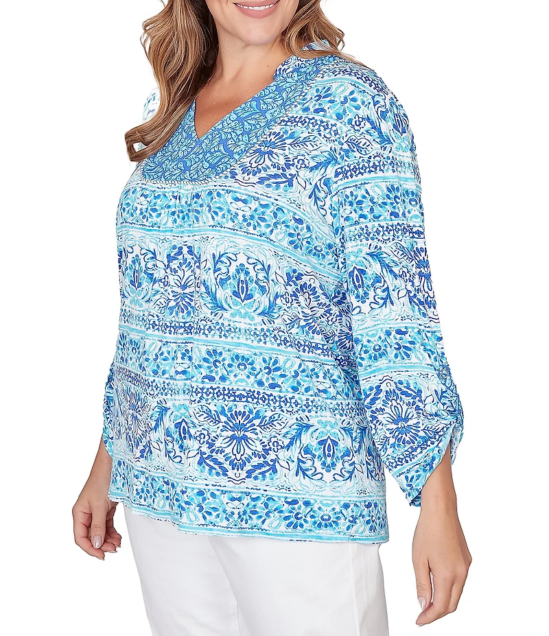 Ruby Rd. Plus Size Slub Knit Woodblock V-Neck 3/4 Roll-Tab Sleeve Top