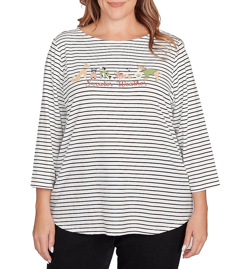 Ruby Rd. Plus Size Soft Cotton Blend Boat Neck 3/4 Sleeve Pups Stripes Top