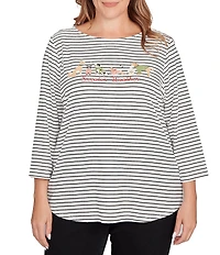 Ruby Rd. Plus Size Soft Cotton Blend Boat Neck 3/4 Sleeve Pups Stripes Top