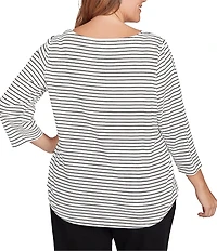 Ruby Rd. Plus Size Soft Cotton Blend Boat Neck 3/4 Sleeve Pups Stripes Top