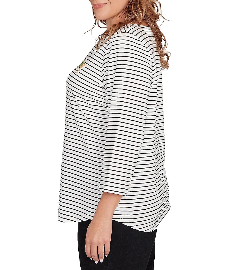 Ruby Rd. Plus Size Soft Cotton Blend Boat Neck 3/4 Sleeve Pups Stripes Top