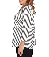 Ruby Rd. Plus Size Soft Cotton Blend Boat Neck 3/4 Sleeve Pups Stripes Top