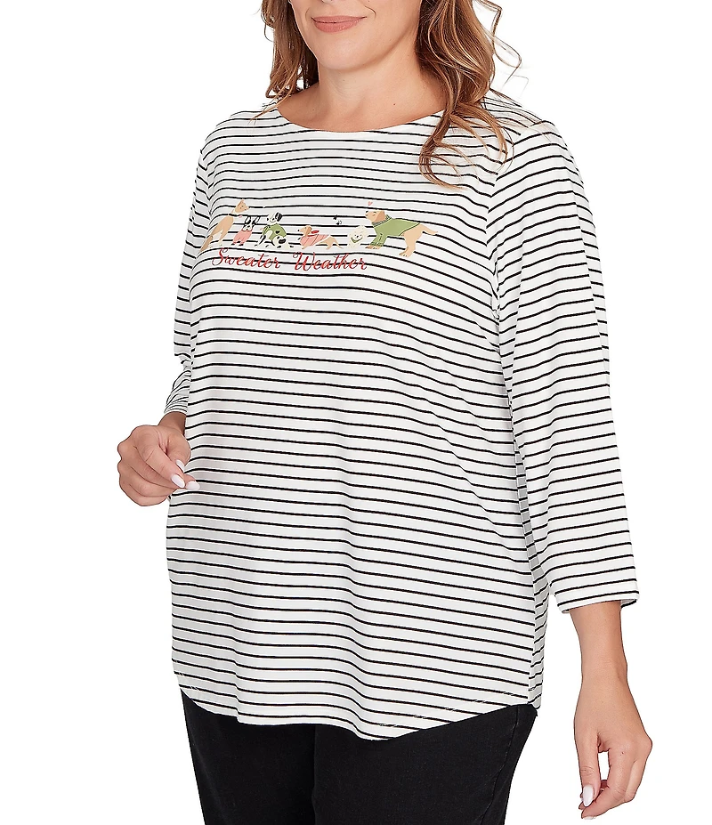 Ruby Rd. Plus Size Soft Cotton Blend Boat Neck 3/4 Sleeve Pups Stripes Top