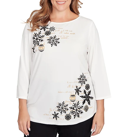 Ruby Rd. Plus Size Soft Cotton Blend Snowflake Boat Neck 3/4 Sleeves Top