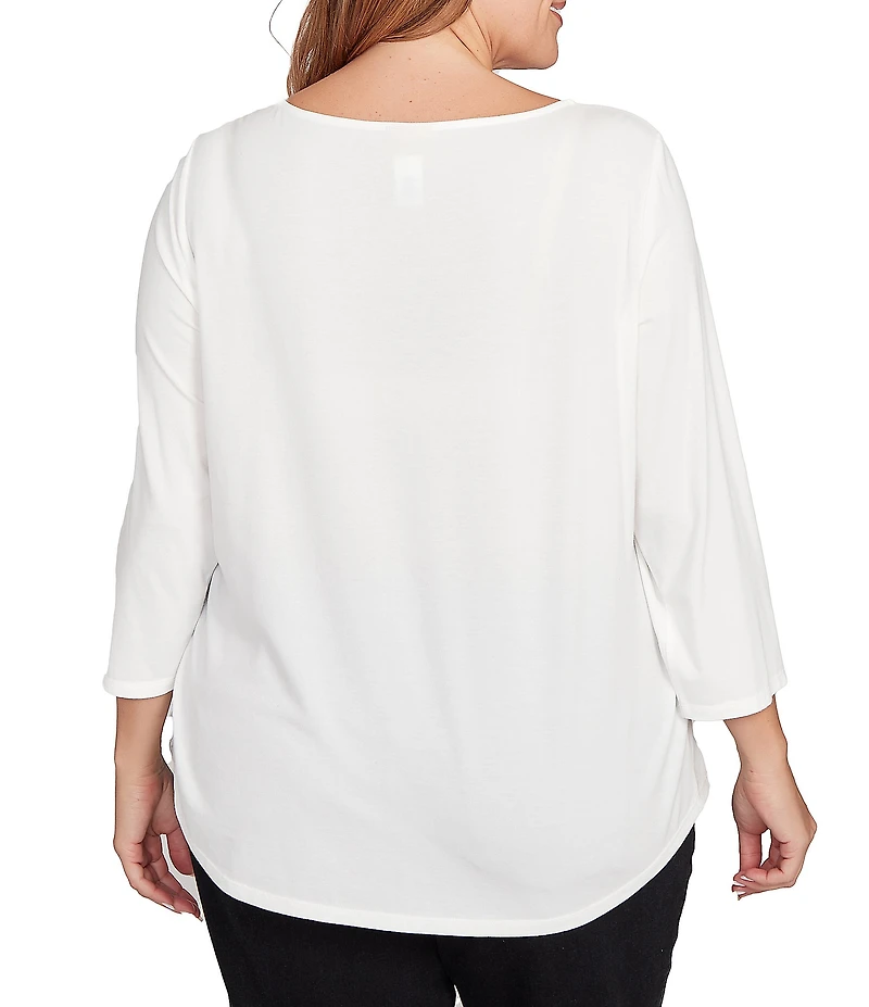 Ruby Rd. Plus Size Soft Cotton Blend Snowflake Boat Neck 3/4 Sleeves Top