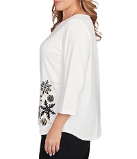 Ruby Rd. Plus Size Soft Cotton Blend Snowflake Boat Neck 3/4 Sleeves Top