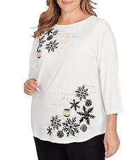 Ruby Rd. Plus Size Soft Cotton Blend Snowflake Boat Neck 3/4 Sleeves Top