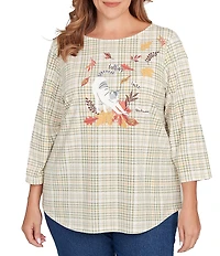 Ruby Rd. Plus Size Soft Cotton Blend Stripe Cat Boat Neck 3/4 Sleeve Top