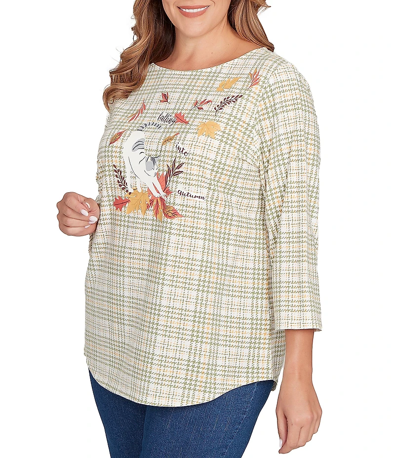 Ruby Rd. Plus Size Soft Cotton Blend Stripe Cat Boat Neck 3/4 Sleeve Top