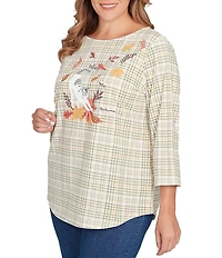 Ruby Rd. Plus Size Soft Cotton Blend Stripe Cat Boat Neck 3/4 Sleeve Top
