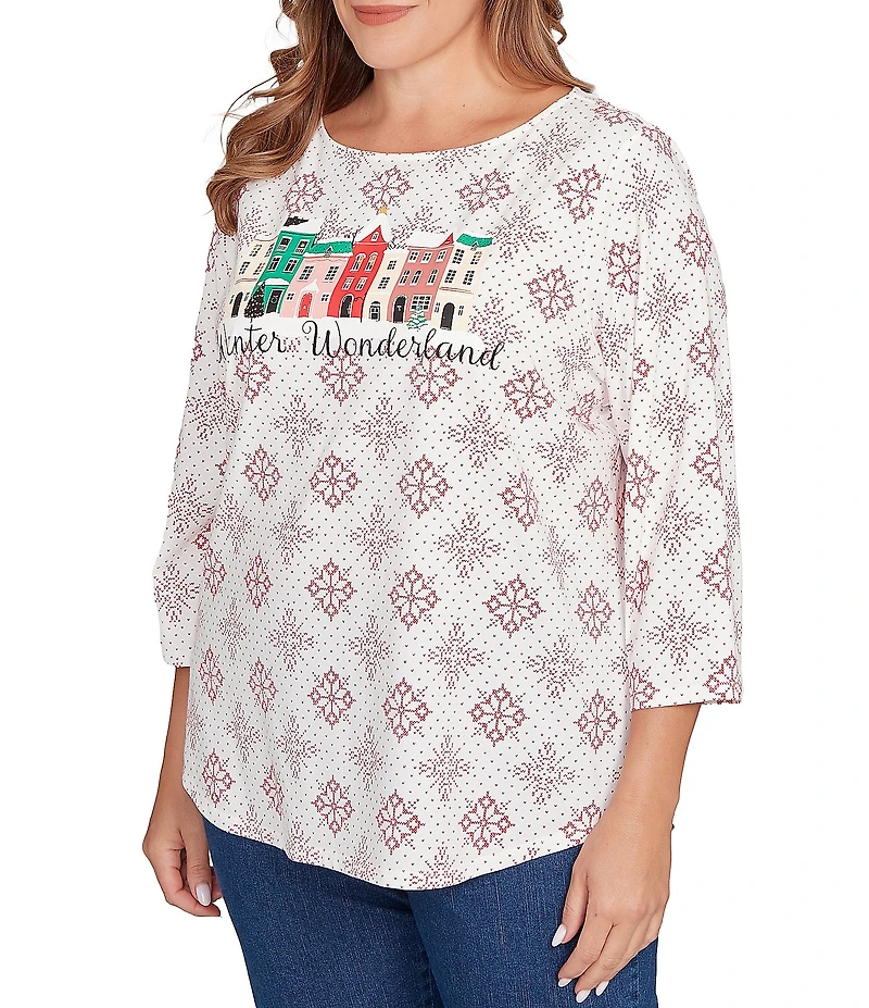 Ruby Rd. Plus Size Soft Cotton Blend Winter Wonderland Snowflake Print Top