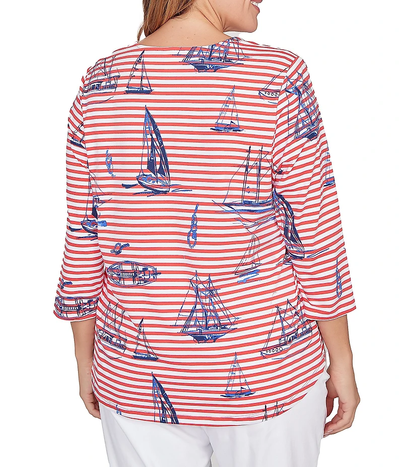 Ruby Rd. Plus Size Soft Cotton Jersey Allover Sailboat Embroidered Accents Stripe Print Square Neck 3/4 Sleeve Top