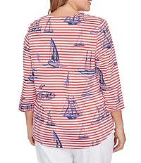 Ruby Rd. Plus Size Soft Cotton Jersey Allover Sailboat Embroidered Accents Stripe Print Square Neck 3/4 Sleeve Top