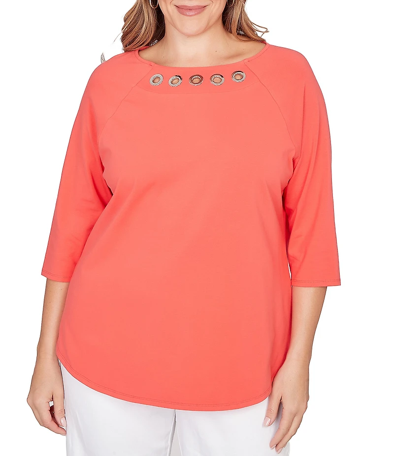 Ruby Rd. Plus Size Soft Cotton Knit Grommet Boat Neck 3/4 Sleeve Top