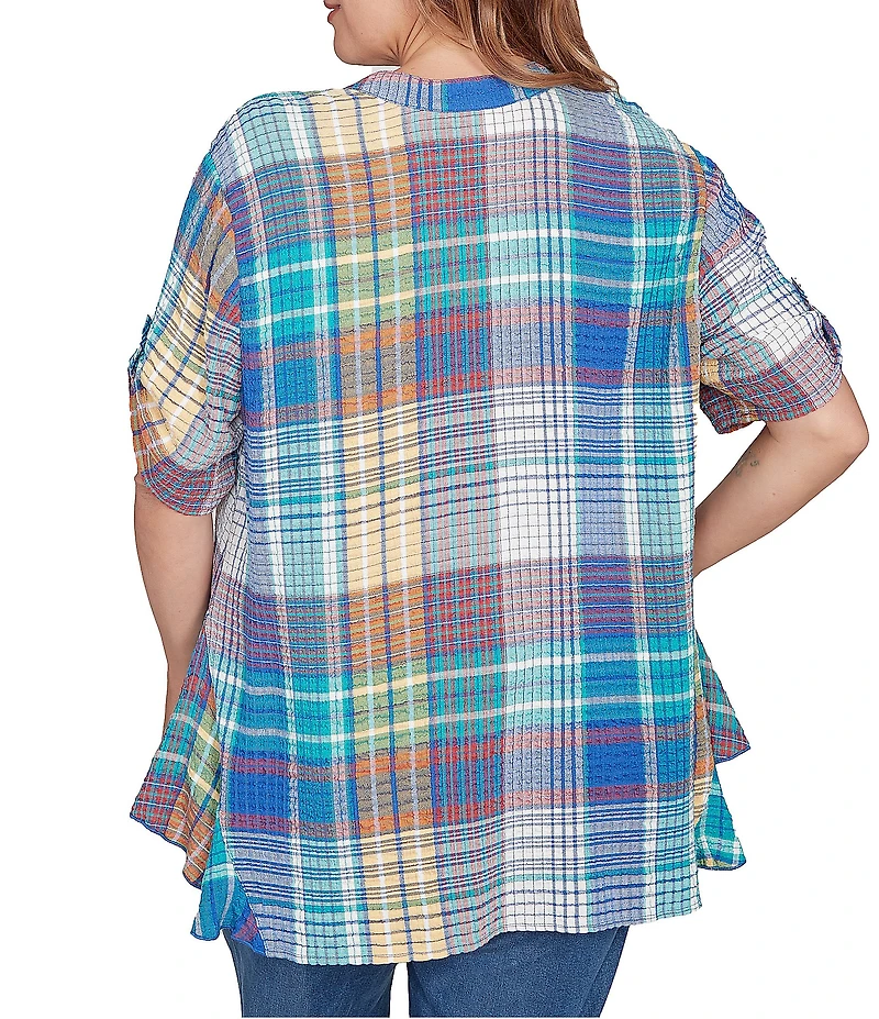 Ruby Rd. Plus Size Soft Crinkle Plaid Y-Neck Short Button-Tab Sleeve Button Front Shirt