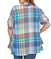 Ruby Rd. Plus Size Soft Crinkle Plaid Y-Neck Short Button-Tab Sleeve Button Front Shirt