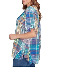 Ruby Rd. Plus Size Soft Crinkle Plaid Y-Neck Short Button-Tab Sleeve Button Front Shirt