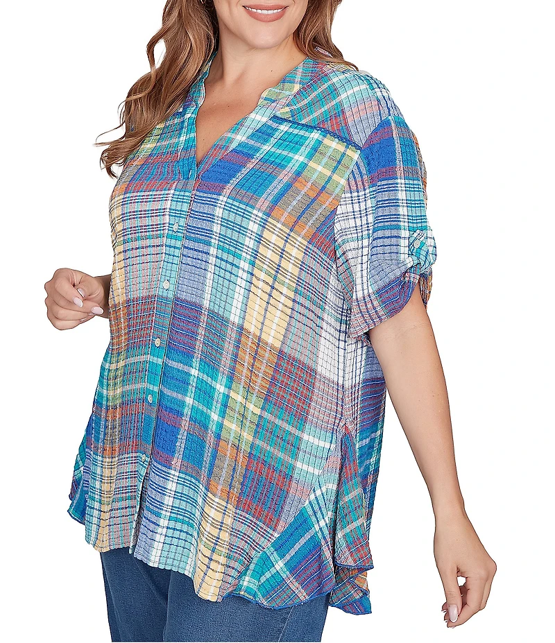 Ruby Rd. Plus Size Soft Crinkle Plaid Y-Neck Short Button-Tab Sleeve Button Front Shirt