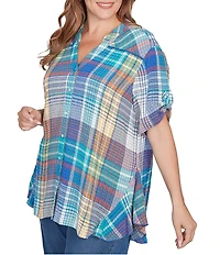 Ruby Rd. Plus Size Soft Crinkle Plaid Y-Neck Short Button-Tab Sleeve Button Front Shirt