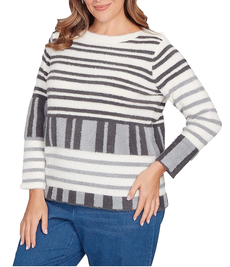 Ruby Rd. Plus Size Soft Eyelash Knit Stripe Boat Neck Long Sleeve Sweater
