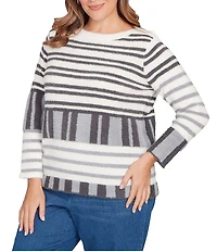 Ruby Rd. Plus Size Soft Eyelash Knit Stripe Boat Neck Long Sleeve Sweater