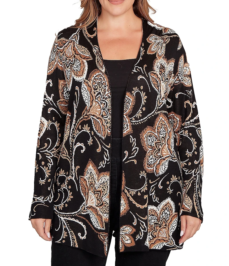 Ruby Rd. Plus Size Soft Fine-Gauge Jacquard Knit Floral Long Sleeve Open-Front Cardigan