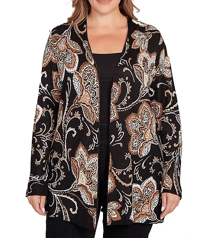 Ruby Rd. Plus Size Soft Fine-Gauge Jacquard Knit Floral Long Sleeve Open-Front Cardigan