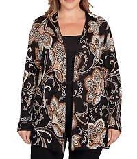 Ruby Rd. Plus Size Soft Fine-Gauge Jacquard Knit Floral Long Sleeve Open-Front Cardigan