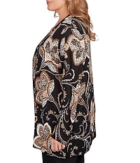 Ruby Rd. Plus Size Soft Fine-Gauge Jacquard Knit Floral Long Sleeve Open-Front Cardigan