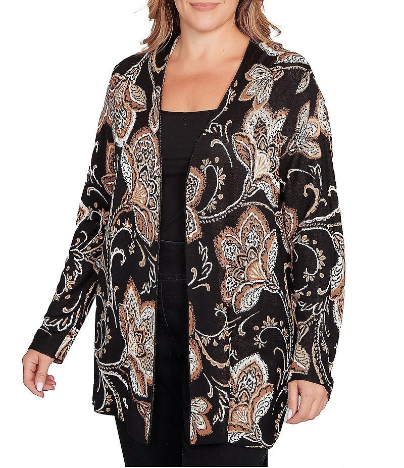 Ruby Rd. Plus Size Soft Fine-Gauge Jacquard Knit Floral Long Sleeve Open-Front Cardigan