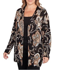Ruby Rd. Plus Size Soft Fine-Gauge Jacquard Knit Floral Long Sleeve Open-Front Cardigan