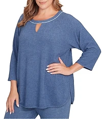 Ruby Rd. Plus Size Soft Hatchi Knit Keyhole Neck 3/4 Sleeve Top