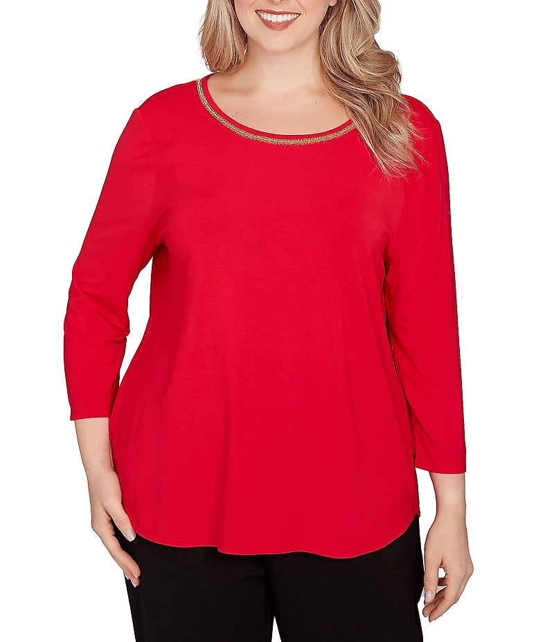 Ruby Rd. Plus Size Soft Jersey Knit Embellished Scoop Neck 3/4 Sleeve Top