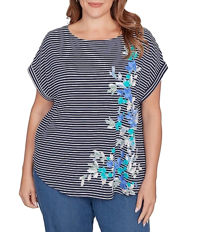 Ruby Rd. Plus Size Soft Jersey Knit Floral Stripe Boat Neck Short Cuff Sleeve Top