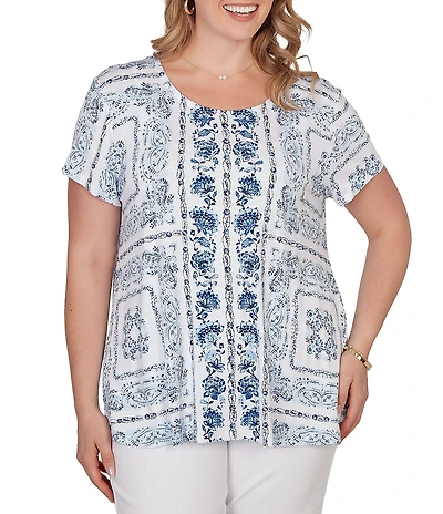 Ruby Rd. Plus Size Soft Knit Bandana Scoop Neck Short Sleeve Top