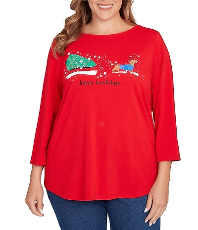 Ruby Rd. Plus Size Soft Knit Holiday Boat Neck 3/4 Sleeve Top
