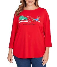 Ruby Rd. Plus Size Soft Knit Holiday Boat Neck 3/4 Sleeve Top