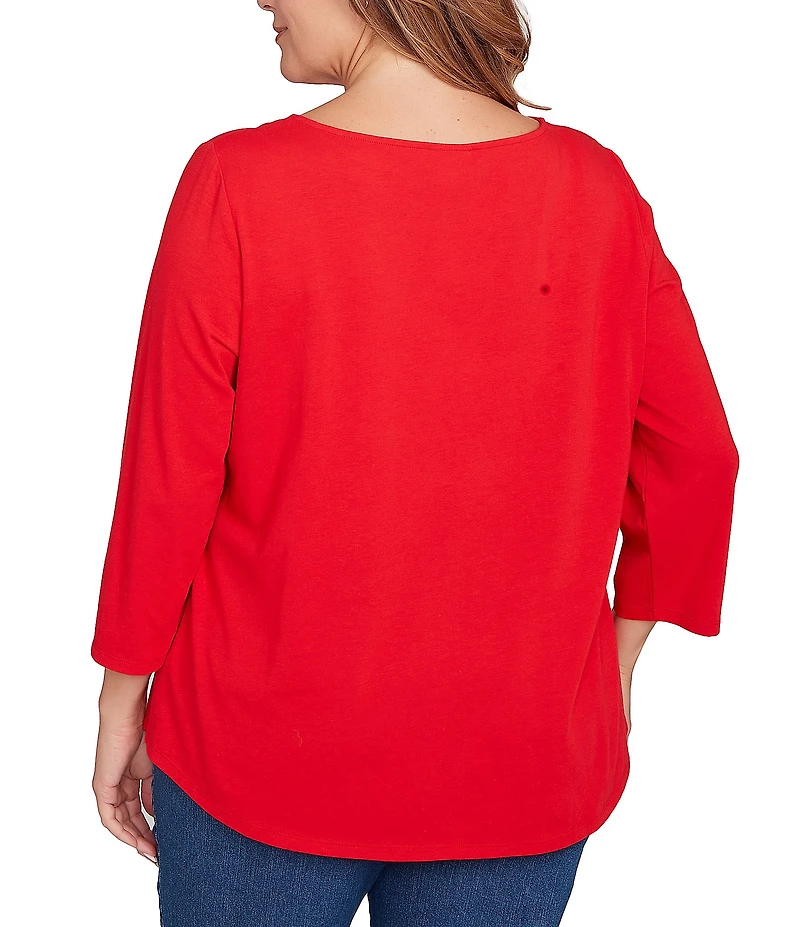 Ruby Rd. Plus Size Soft Knit Holiday Boat Neck 3/4 Sleeve Top