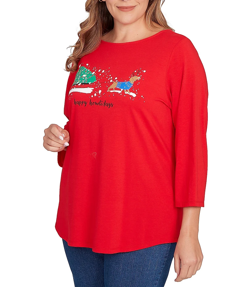 Ruby Rd. Plus Size Soft Knit Holiday Boat Neck 3/4 Sleeve Top