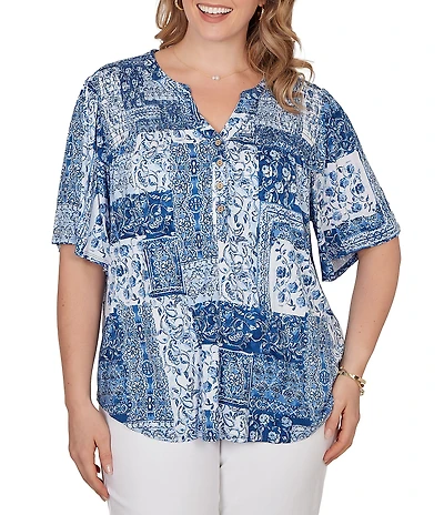 Ruby Rd. Plus Size Soft Knit Patchwork Print Split V-Neck Short Sleeve Tee Top