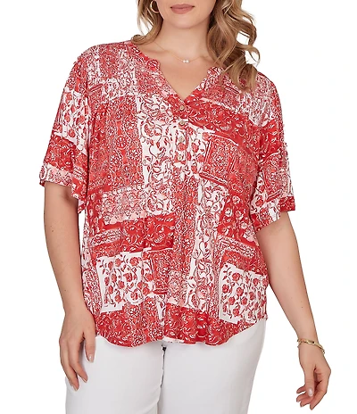 Ruby Rd. Plus Size Soft Knit Patchwork Print Split V-Neck Short Sleeve Tee Top