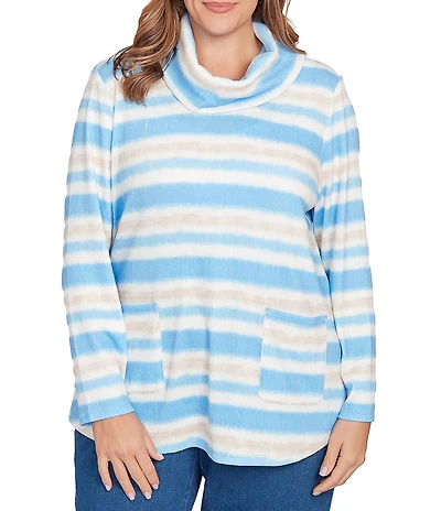 Ruby Rd. Plus Size Soft Ribbed Knit Stripe Draped Cowl Neck Long Sleeve Top