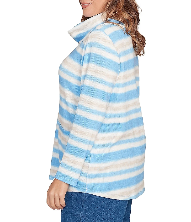 Ruby Rd. Plus Size Soft Ribbed Knit Stripe Draped Cowl Neck Long Sleeve Top