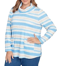 Ruby Rd. Plus Size Soft Ribbed Knit Stripe Draped Cowl Neck Long Sleeve Top