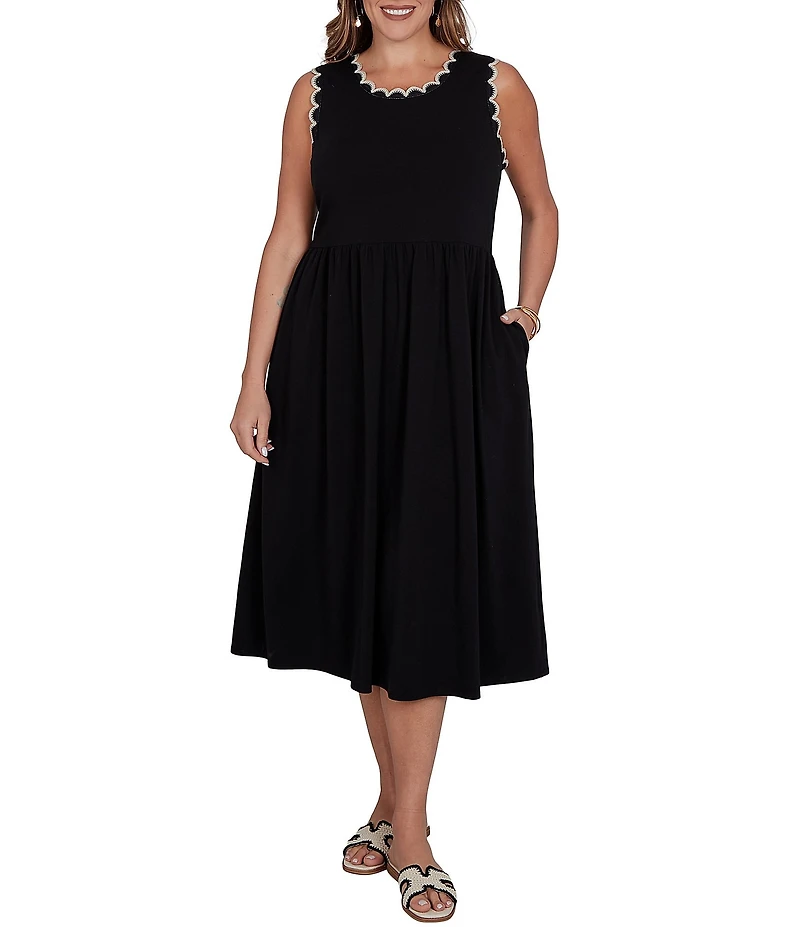Ruby Rd. Plus Size Soft Stretch Cotton Knit Crochet Scoop Neck Sleeveless A-Line Midi Dress