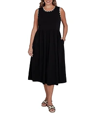 Ruby Rd. Plus Size Soft Stretch Cotton Knit Crochet Scoop Neck Sleeveless A-Line Midi Dress