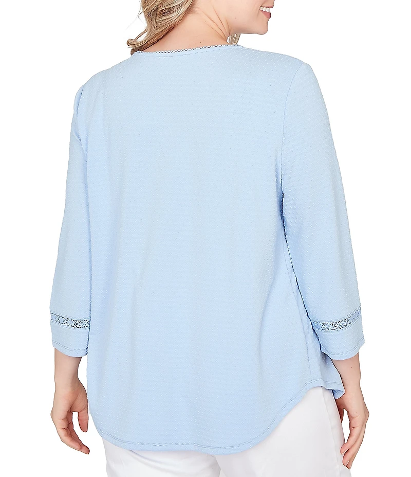 Ruby Rd. Plus Size Soft Textured Knit Crew Neck 3/4 Sleeve Lace Trim Top