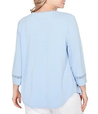 Ruby Rd. Plus Size Soft Textured Knit Crew Neck 3/4 Sleeve Lace Trim Top