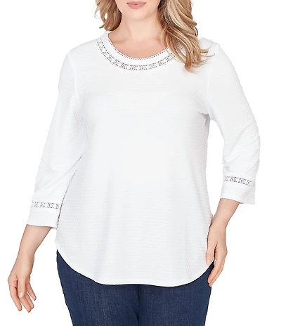 Ruby Rd. Plus Size Soft Textured Knit Crew Neck 3/4 Sleeve Lace Trim Top